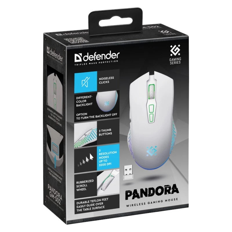 Draadloze gaming-muis DEFENDER Pandora White – ambidexter, 3200 DPI, 6 knoppen, programmeerbaar, optisch, USB