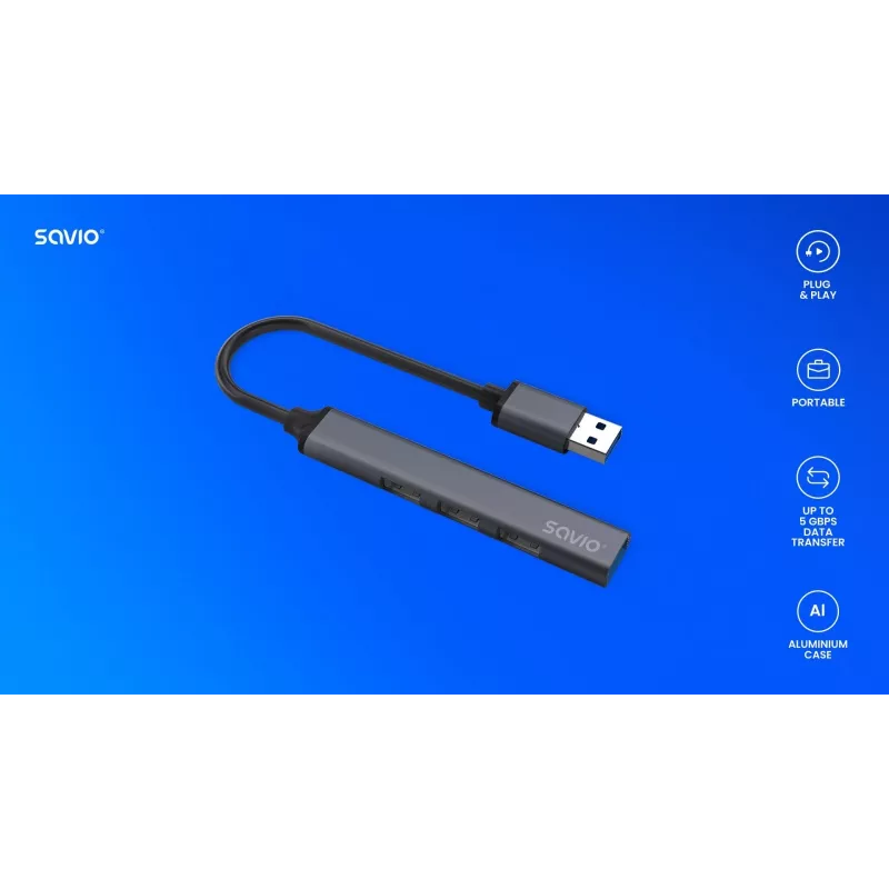 Savio AK-70 USB-A-hub, 4-in-1: 3 x USB-A 2.0 + 1 x USB-A 3.1 Gen 1, 5 Gbps