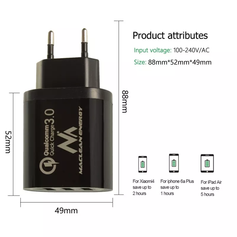 USB-wandlader MACLEAN MCE479B — 3x USB-aansluitingen, 18W totaalvermogen, compact