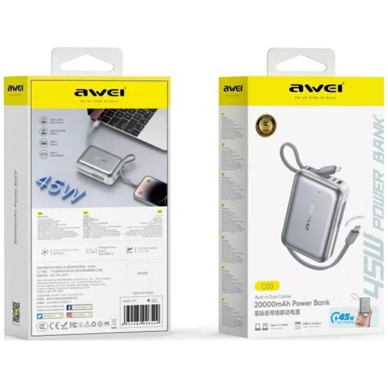 Draagbare powerbank Awei C03 20000mAh met 45W uitgang en geïntegreerde USB-A/USB-C-kabel