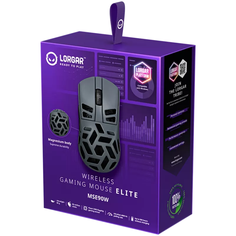 LORGAR MSE90W, magnesiumlegering draadloze gaming-muis Elite, donkergrijs