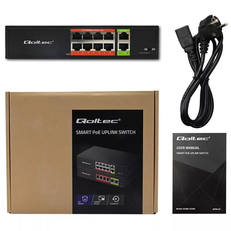 Netwerkswitch QOLTEC Fast Ethernet PoE 8xRJ45 met 2xRJ45 uplink