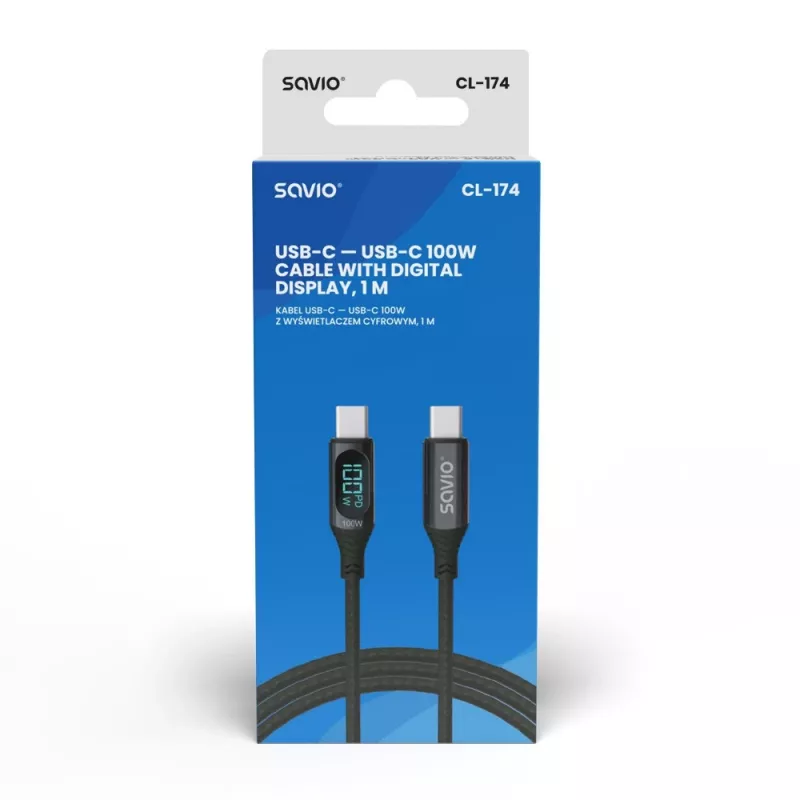 Savio CL-174 USB-C-naar-USB-C-kabel, 100 W, Power Delivery/Quick Charge, digitaal display, 1 m, groen