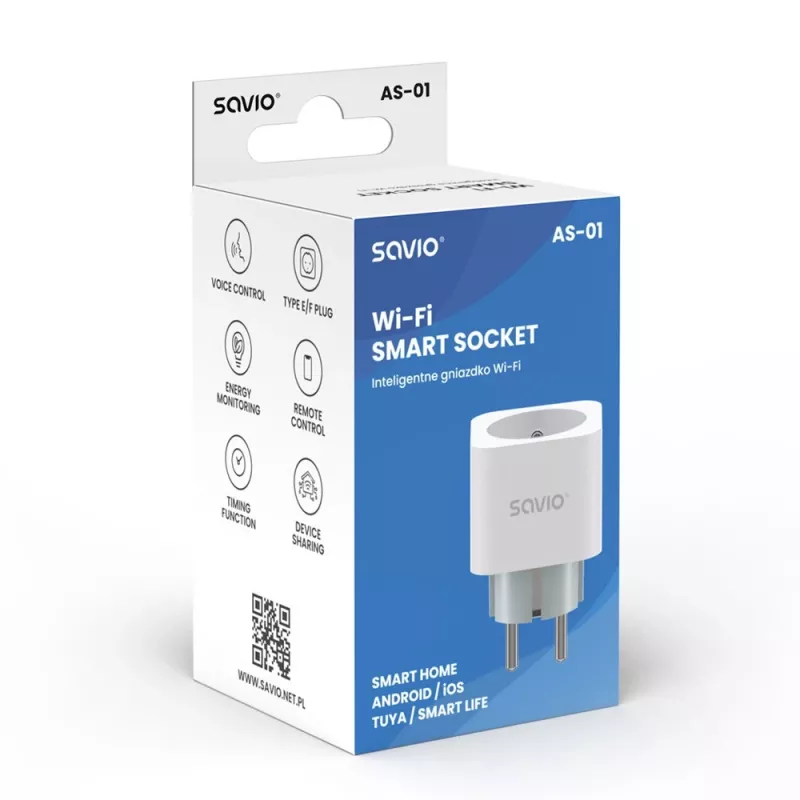 Slim stopcontact SAVIO AS-01 16A Wi-Fi 2,4 GHz, stekker type E/F, 220–240 V, 3680 W, wit