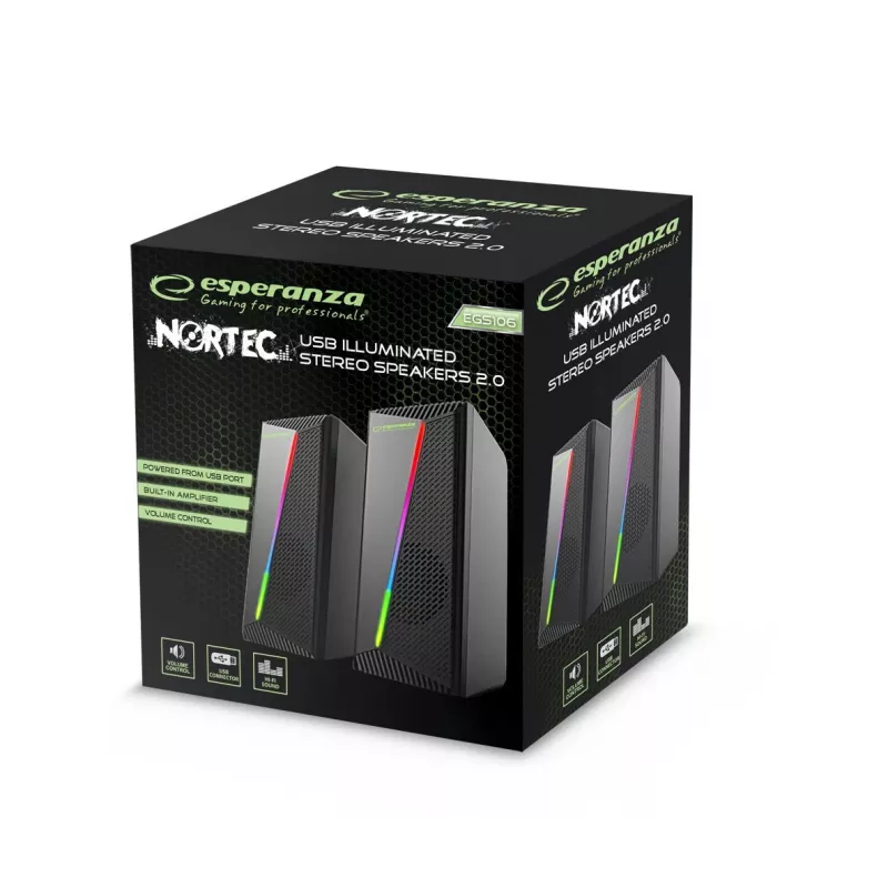 Esperanza EGS106 Rainbow Nortec 2.0-luidsprekers, 6 W (2x3 W), USB-voeding, 3,5 mm minijack, RGB-led, zwart