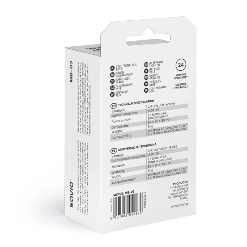 Savio MB-03 draadloze optische muis, 2,4 GHz USB-ontvanger, 1000 DPI, 3 knoppen, AA-batterij, 99x60x39 mm, 51 g, zwart