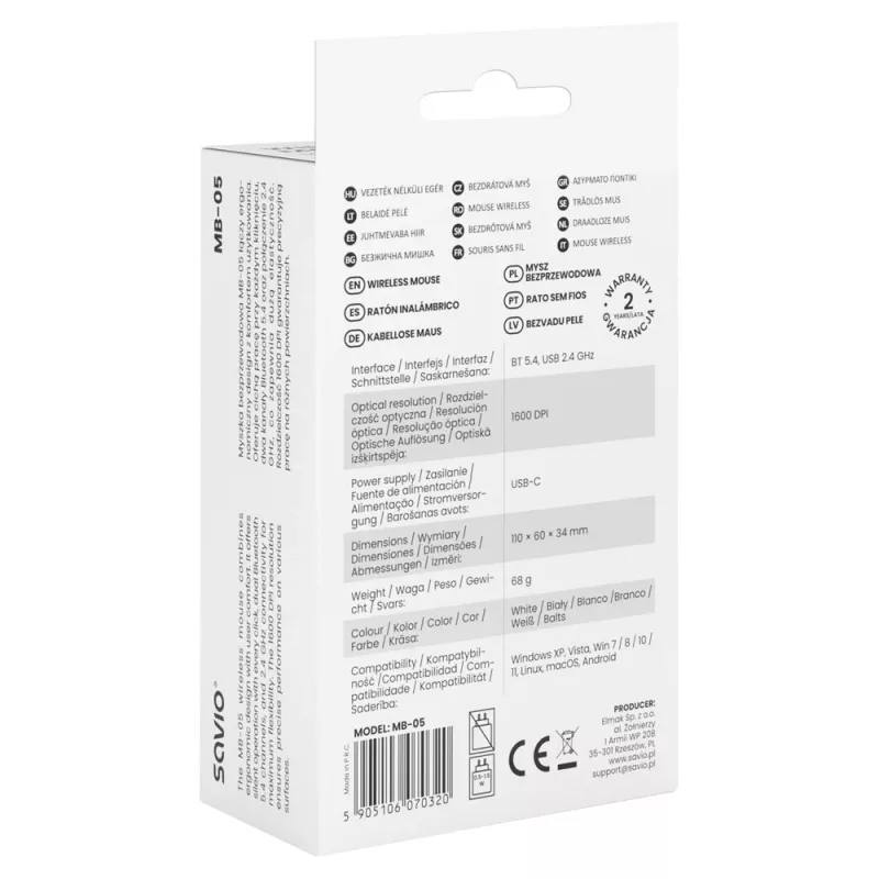 Savio MB-05 muis universeel dubbelhandig Bluetooth 1600 DPI
