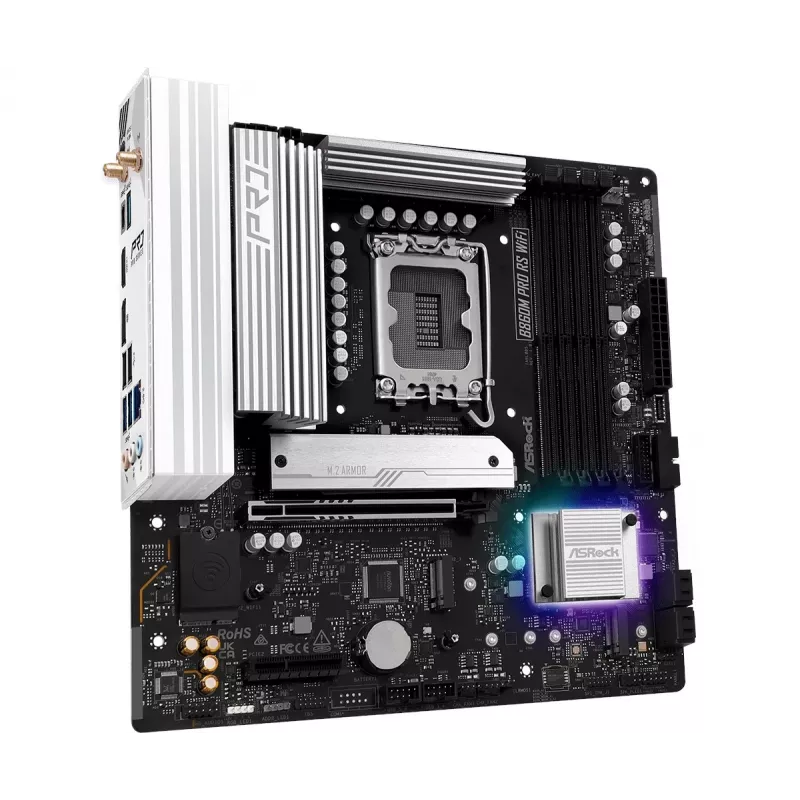Moederbord ASRock B860M Pro RS WiFi — Intel B860, LGA 1851, micro ATX, DDR5, 4 DIMM, 3x M.2, 2.5Gb LAN, Wi‑Fi, Bluetooth