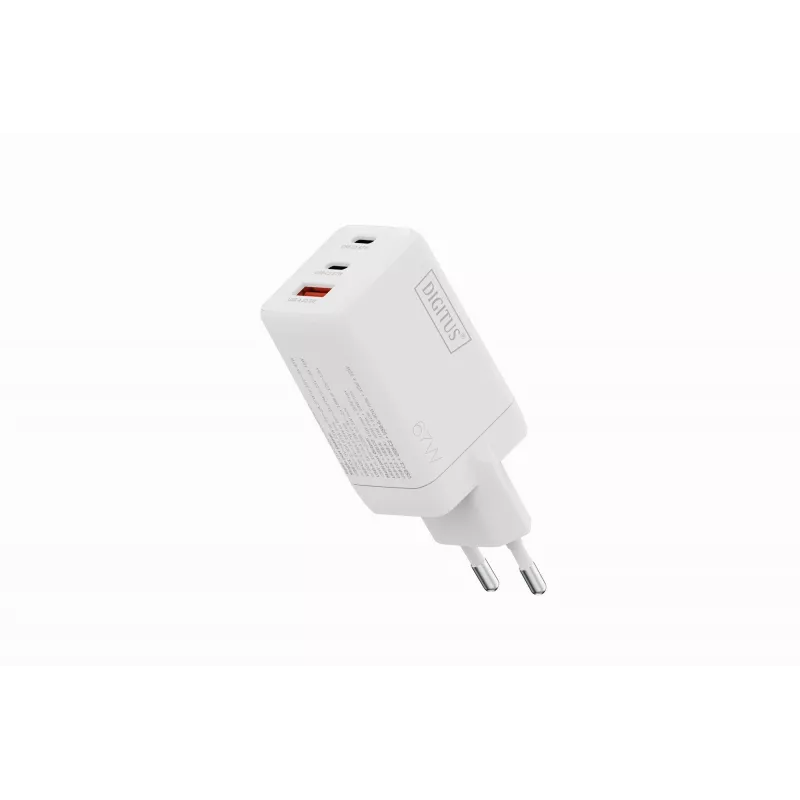 Wandoplader DIGITUS DA-10303 67W GaN, 2× USB-C + 1× USB-A, 100–240V, wit