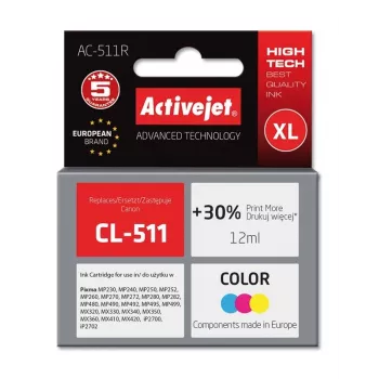 Inktpatroon ActiveJet AC-511R compatibel voor Canon CL-511, kleurstofbasis CMY, hoge (XL) capaciteit 12 ml, per stuk