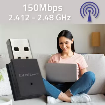 Compacte draadloze mini-USB-WLAN-adapter QOLTEC 57007 – single-band 2,4 GHz, tot 150 Mbit/s, interne antenne