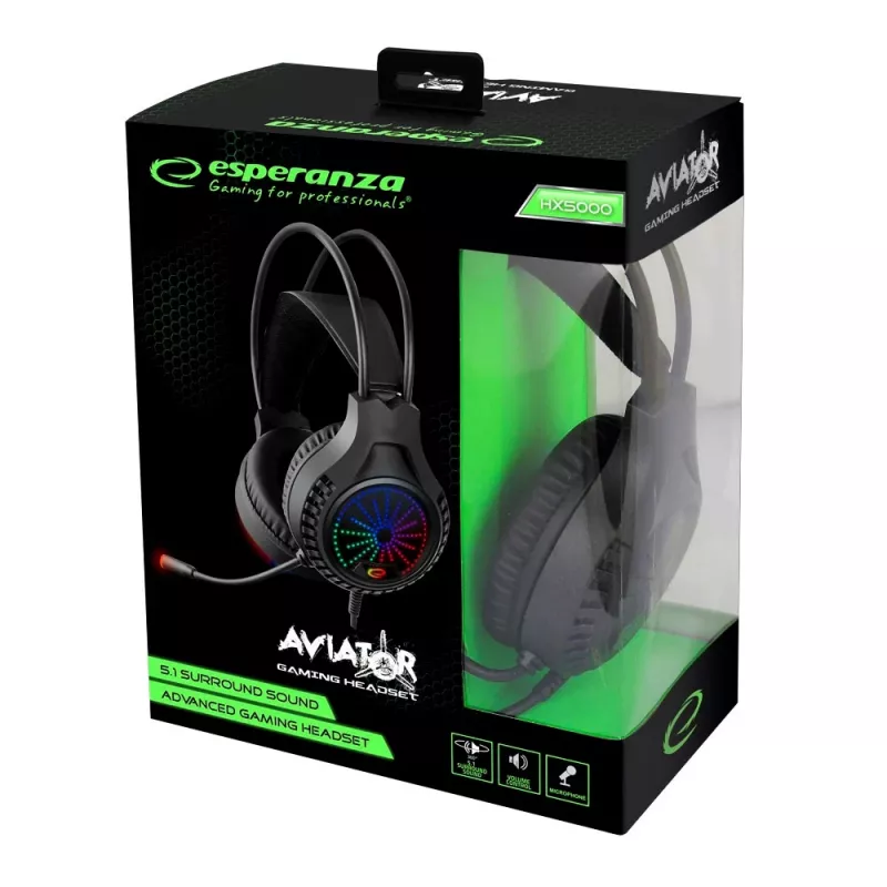 Esperanza EGH5000 Aviator gamingheadset met microfoon, virtuele 5.1-surround, USB 2.0, 32 Ω, volumeregeling, zwart