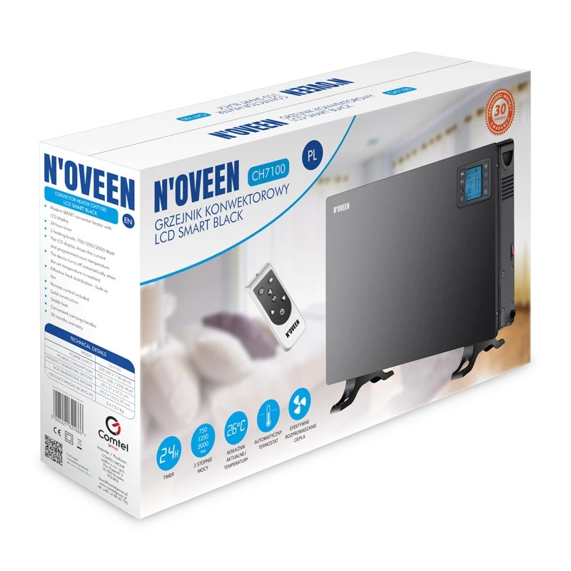 Elektrische convector-heteluchtkachel NOVEEN CH7100 — 2000 W, 3 vermogensstanden, LCD, timer, afstandsbediening, zwart