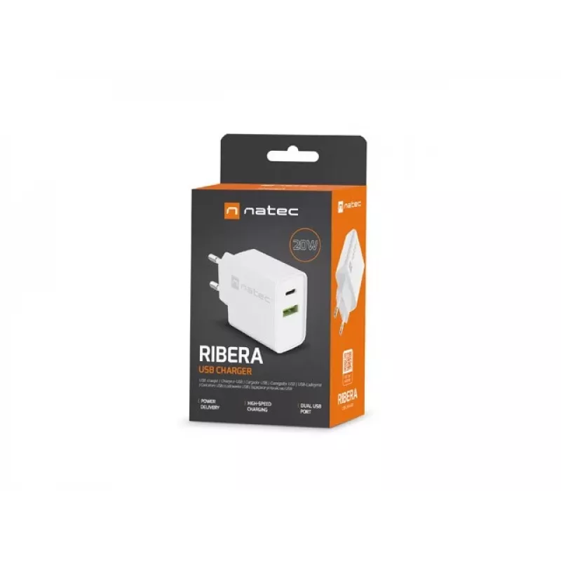 Netvoedingssnellader NATEC RIBERA 12V 20W USB-C PD 3.0 + USB-A Samsung AFC wit
