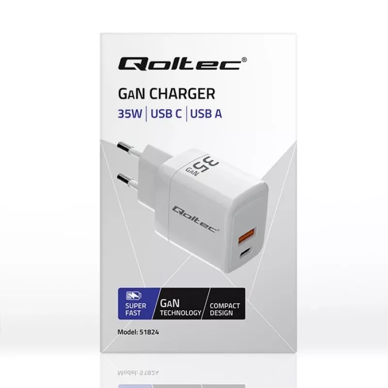 Oplader QOLTEC 51824 GaN 35W USB-C PD & USB QC 3.0, 5–20V, 1x USB-C, 1x USB-A