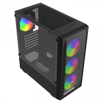 PC-behuizing SAVIO Noctis Flow RGB — Cube, ATX/Mini-ITX, 3x 120 mm frontventilatoren, zijvenster van gehard glas, max. GPU 35 cm