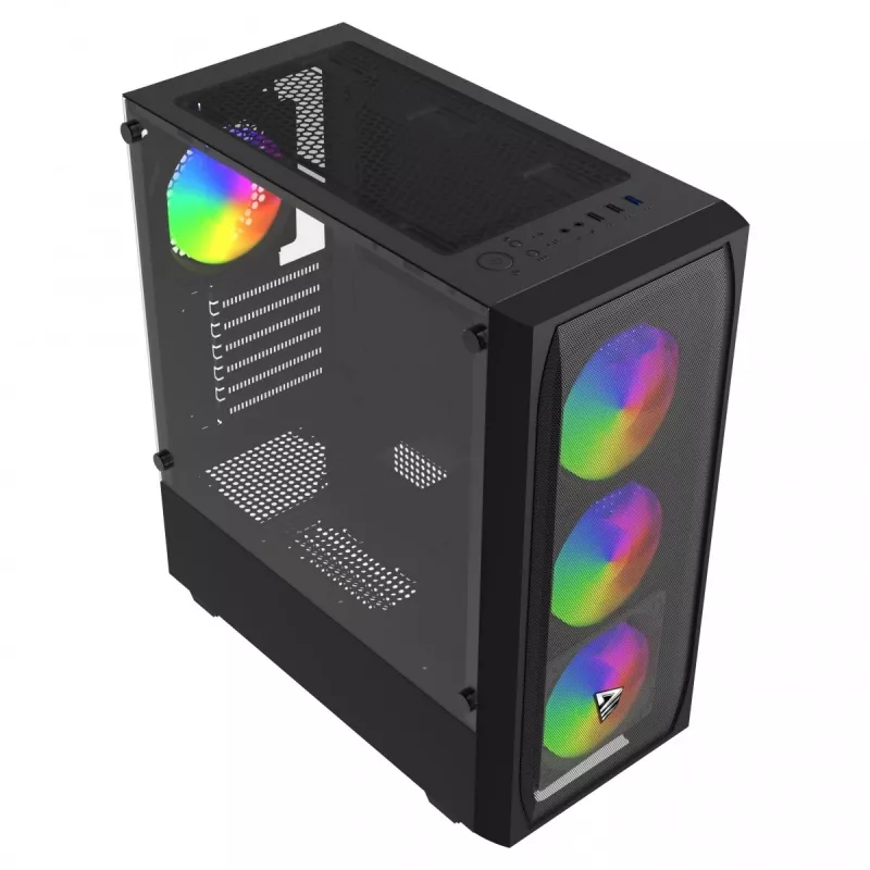 PC-behuizing SAVIO Noctis Flow RGB — Cube, ATX/Mini-ITX, 3x 120 mm frontventilatoren, zijvenster van gehard glas, max. GPU 35 cm