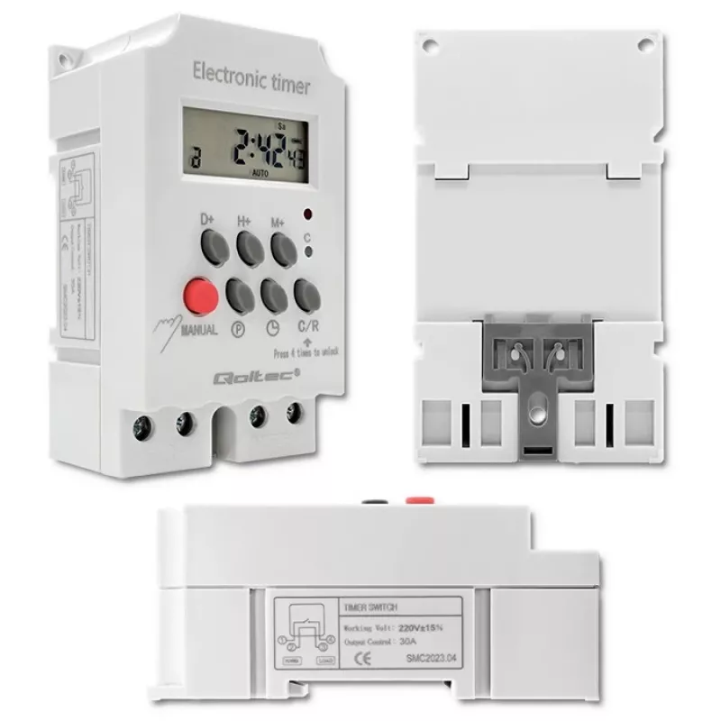 Elektronische DIN-rail tijdschakelaar QOLTEC PC0629 — 24V voeding, 16A uitgang