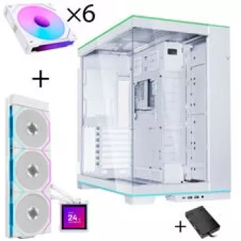 Lian Li O11 Dynamic EVO RGB pc-behuizing bundel + HydroShift II LCD-S 360TL AiO + 6x UNI FAN SL-INF 120 Reverse Blade ventilator - wit