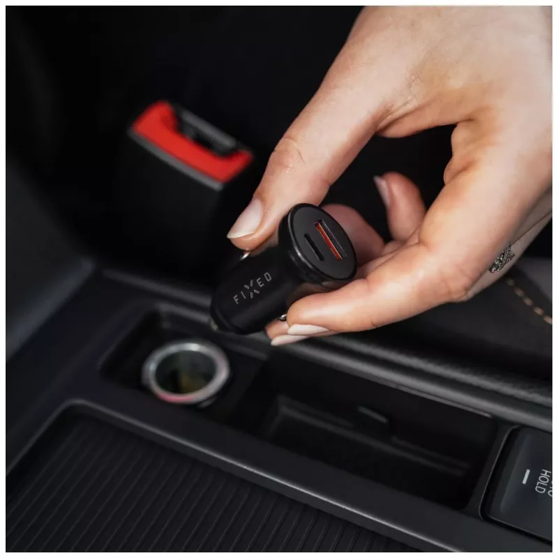 Autolader FIXED FIXCC20N-CU-BK — USB-C- en USB-A-aansluitingen, 20 W uitgangsvermogen, compacte auto-adapter