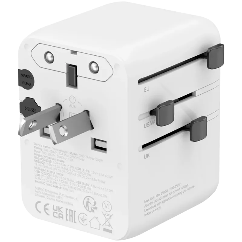 CANYON reisadapter OnTour 70 EU/UK/US/AUS 70W wit