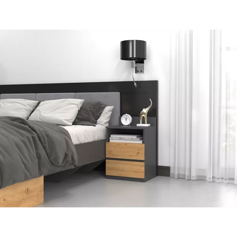 Top E Shop M1 ANTRACYT/ARTISAN nachtkastje, 2 lades, eiken