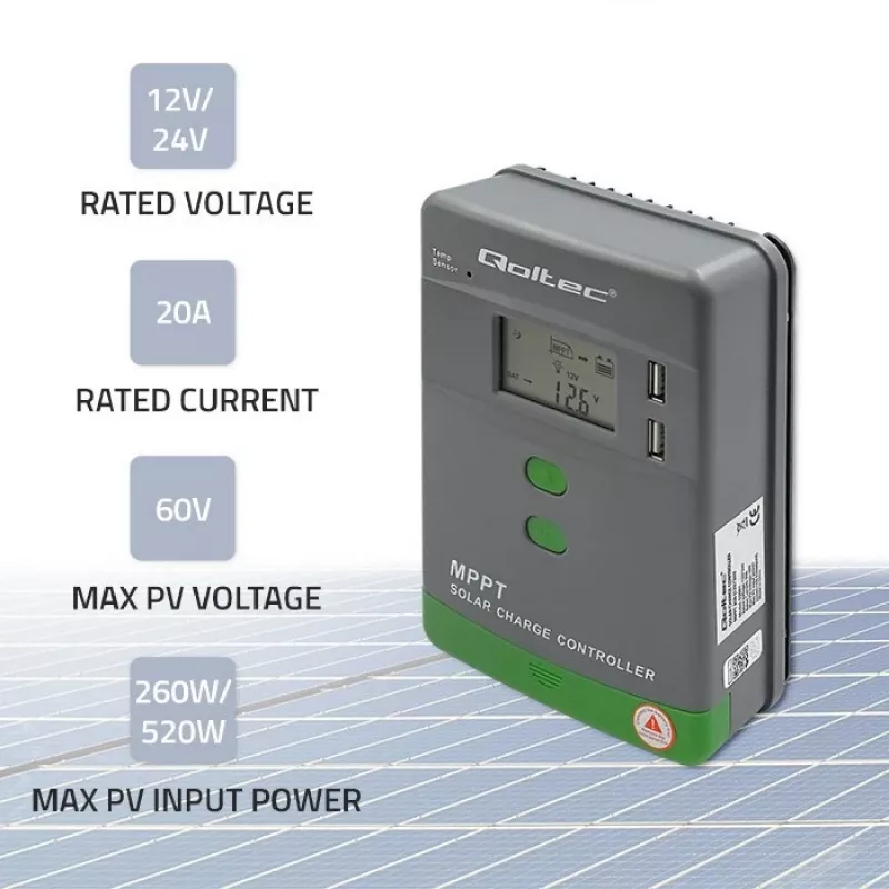 Qoltec, solar MPPT-laadregelaar met temperatuursensor 20A 12V/24V display LCD 2 X USB