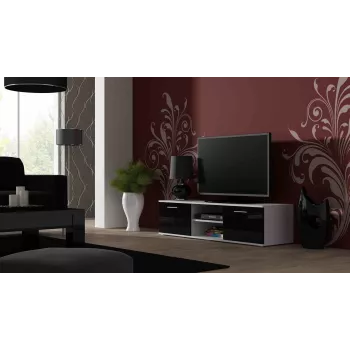 Tv-standaard cama meble SOHO 140 – 1400×430×370 mm, witte bovenzijde, spaanplaat, wit frame, zwart hoogglanzende fronten