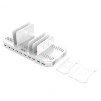 Oplaadstation Unitek Y-2190A — 10 USB-aansluitingen (8×USB2.0 + 2×USB3.2 Gen1), draadloos laden, 96 W totaalvermogen