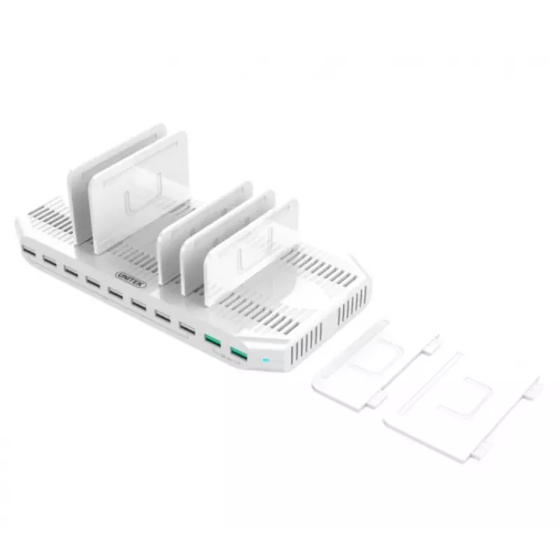Oplaadstation Unitek Y-2190A — 10 USB-aansluitingen (8×USB2.0 + 2×USB3.2 Gen1), draadloos laden, 96 W totaalvermogen