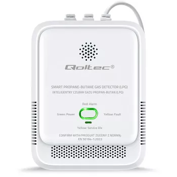 Gasleksensor QOLTEC 52652 — propaan/butaan (LPG) detector, 85 dB alarm, LED-indicatie