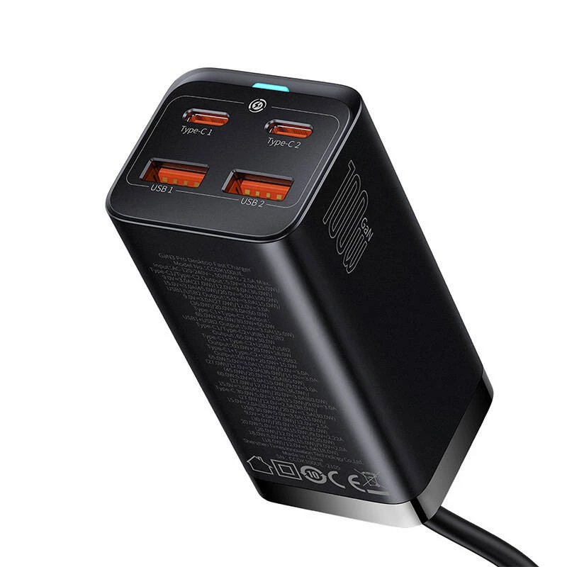 Baseus GaN3 Pro CCGP000101 bureaulader 100 W, 2x USB-C + 2x USB-A, PD 3.0, QC 4.0+, 1,5 m kabel, zwart