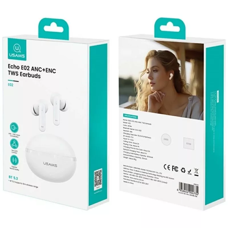 Bluetooth-hoofdtelefoon Usams TWS E02 ANC+ENC wit