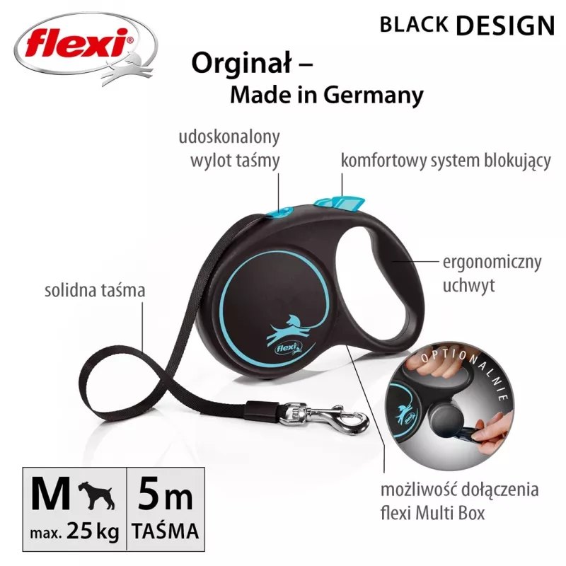 Rollijn Flexi flexi Black Design M — 5 m lengte, banduitvoering, max. belasting 25 kg, ergonomische greep