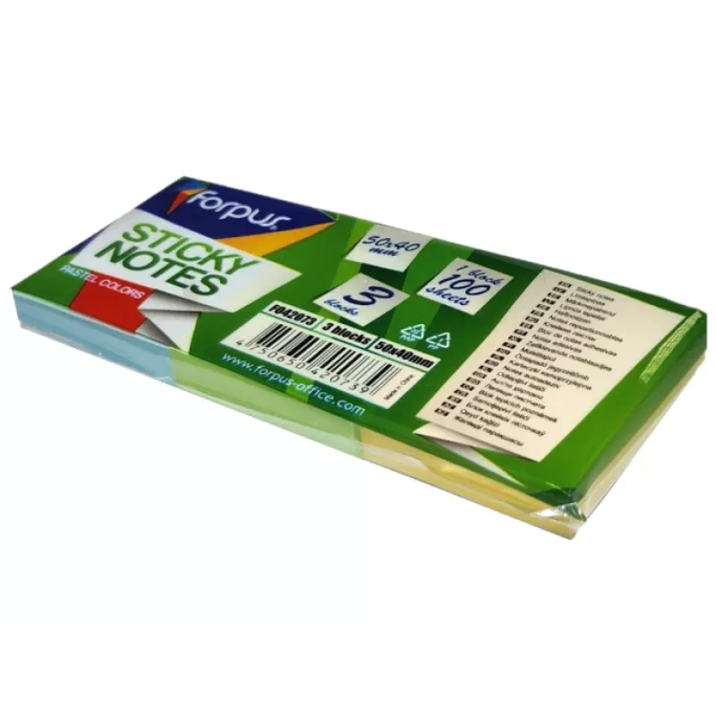 Plaknotities FORPUS FO42073, 40×50 mm, 3 pastelkleuren, blok