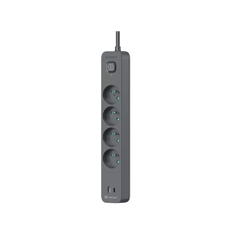 Tracer Power Line+ TRALIS47026 stekkerdoos, 4 contacten, USB-A + USB-C PD 18 W, 1,5 m, grafiet