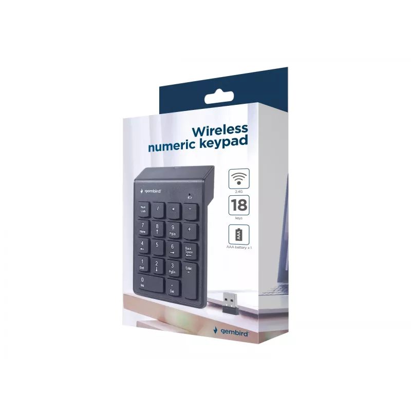 Gembird KPD-W-02 draadloos numeriek toetsenbord, 2,4 GHz, USB, 18 toetsen, zwart