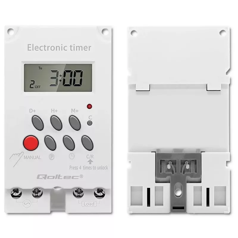Elektronische DIN-rail tijdschakelaar QOLTEC PC0629 — 24V voeding, 16A uitgang