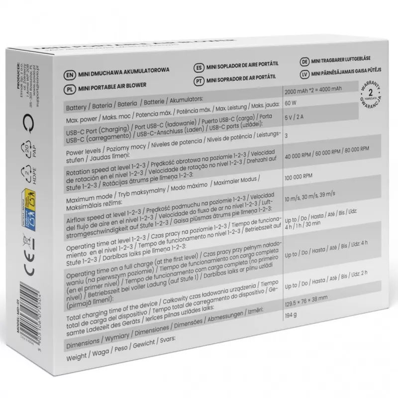 Savio MD-01 bladblazer 60 W 7,4 V 140 km/h lithium-ion (Li-Ion)
