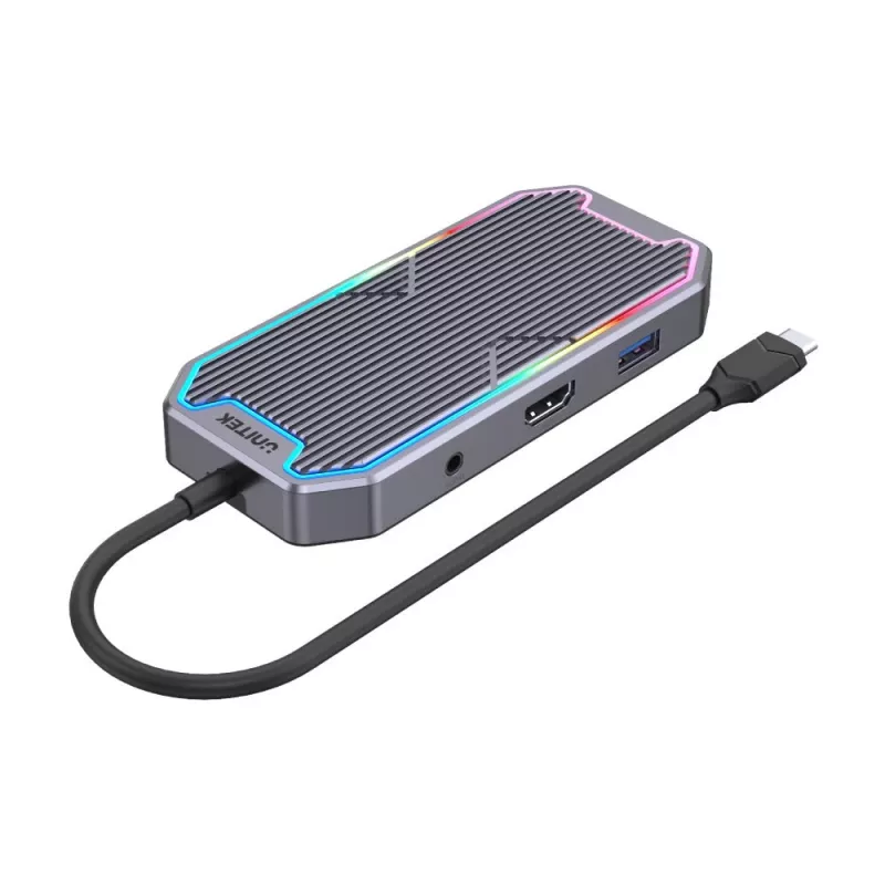 Unitek uHUB S7+ D1029A USB-C-hub, USB 3.2 Gen 2 10 Gbps, HDMI 2.0, Gigabit RJ45, 3,5 mm-audio, 100 W, grijs