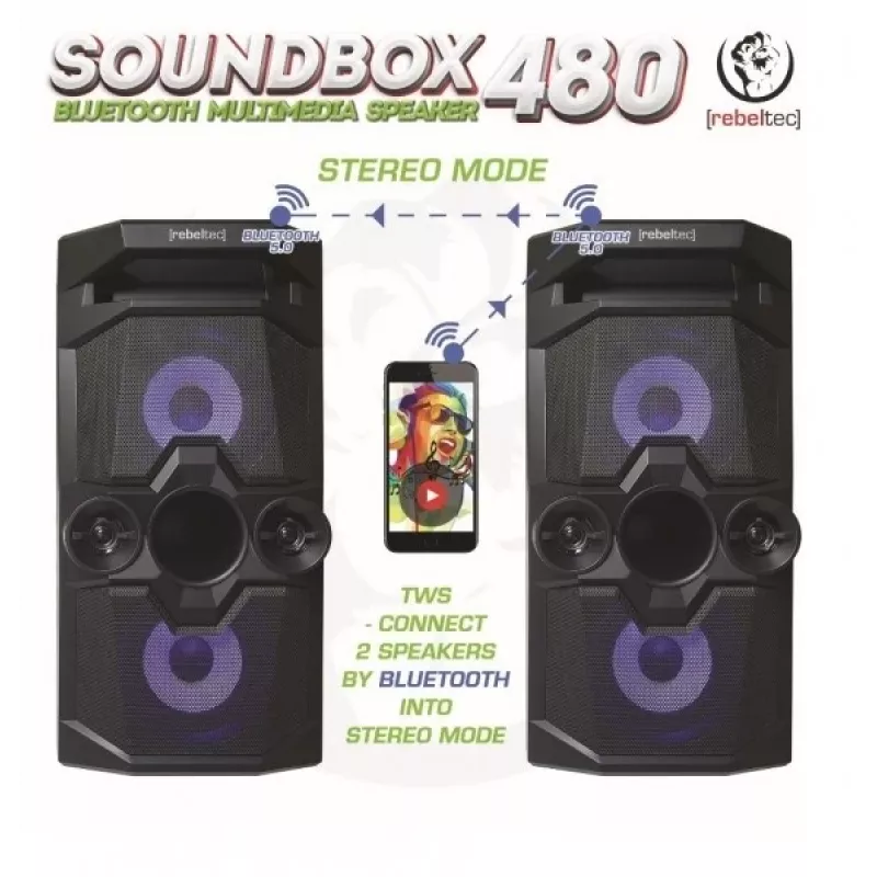 Rebeltec SoundBox 480 draagbare Bluetooth-stereoluidspreker Zwart, 50W RMS