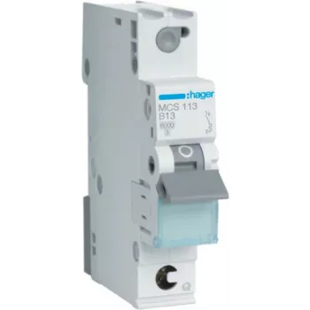 Hager MCS113. Nominale stroom: 13 A, netfrequentie: 50/60 Hz. Uitschakelkarakteristiek: C, eenheden (max.): 1 module(s). Breedte: 17,5 mm, diepte: 70 mm, hoogte: 83,4 mm (MCS113)