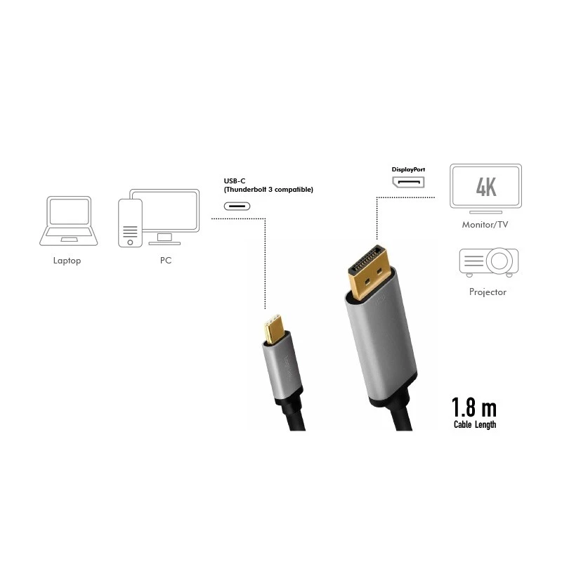 LogiLink CUA0100 kabeladapter DisplayPort USB 3.2 Gen1 Type-C 1,8m zwart grijs