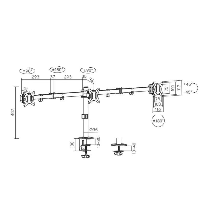 Monitorbeugel SBOX LCD-352/3-2 voor 13–27 inch schermen, 3 armen, max. 9 kg per arm, VESA 100x100
