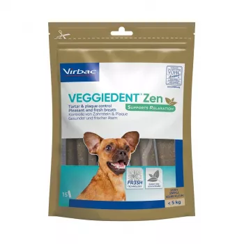 Droge hondentandverzorgingssticks VIRBAC VEGGIEDENT ZEN XS x15 voor kleine honden, verpakking met 15 sticks