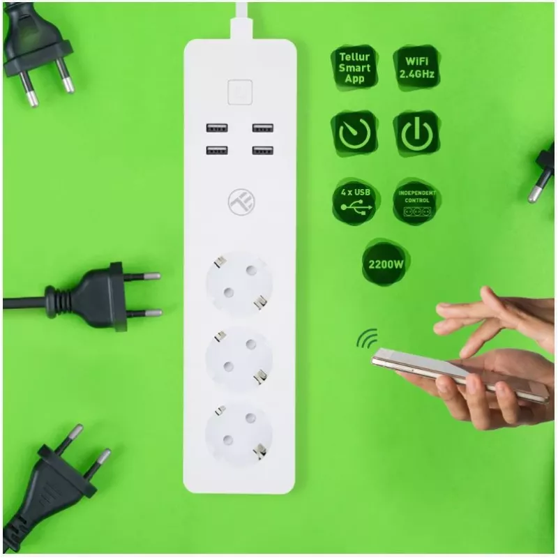Tellur WiFi slim stopcontact met 3 AC-stopcontacten en 4 USB-poorten (4A)