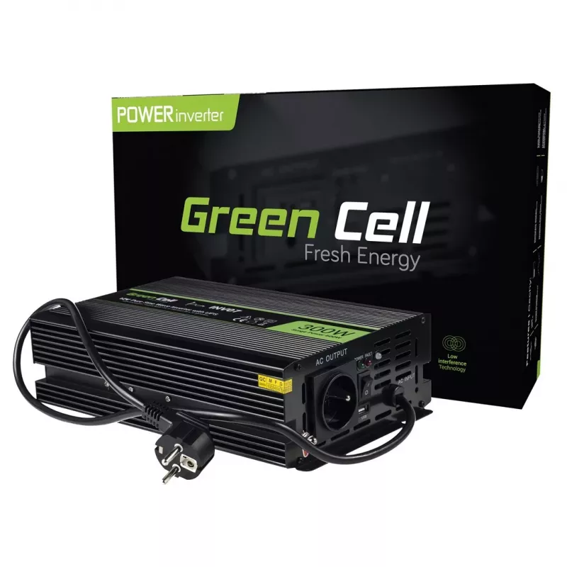 Spanningsomvormer Green Cell INV07, DC 12 V naar AC 230 V, 300 W, 50 Hz, Type-C-stekker, zwart
