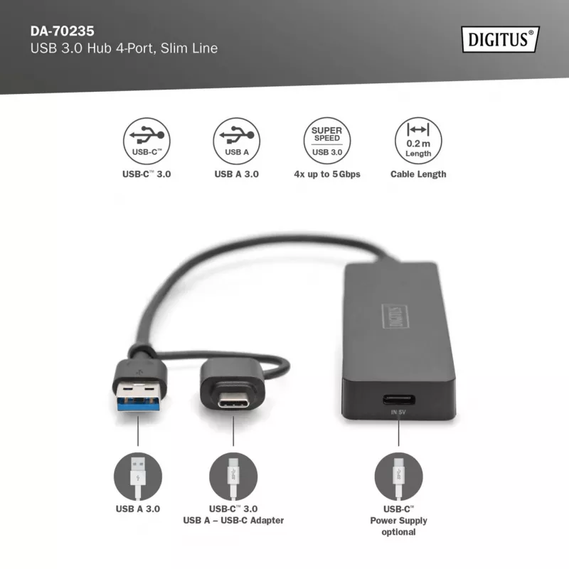 USB-hub, Digitus, DA-70235, 4-poorts, USB 3.2 Gen 1, Type-A en Type-C, 12000 Mbit/s