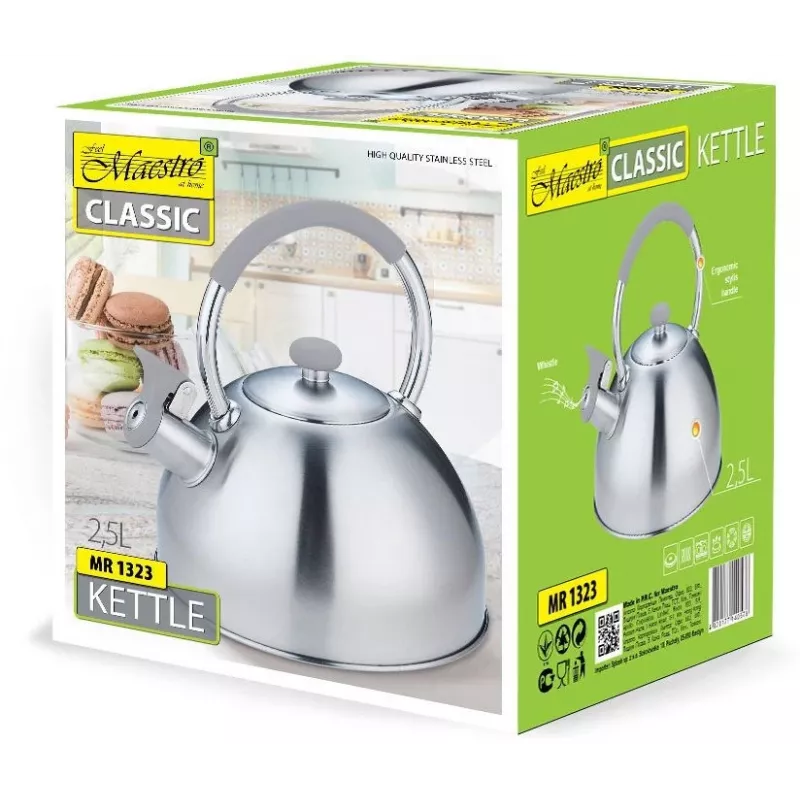 Waterkoker Maestro MR-1323 — RVS, 2,5 L, fluitketel met klapdeksel, koel siliconen handgreep