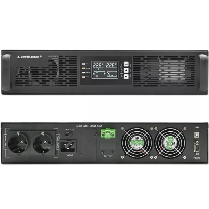 Qoltec UPS AWARYJNY DO RACK 3KVA 3000W vermogensfactor 1.0 LCD EPO USB on-LINE (3VA, 3000W, dubbelconversie online-UPS), UPS